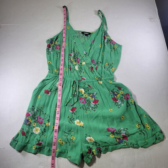 Green Floral Sleeveless Wrap Romper With Adjustable Straps & Elastic Waist By Ex - Picture 6 of 11